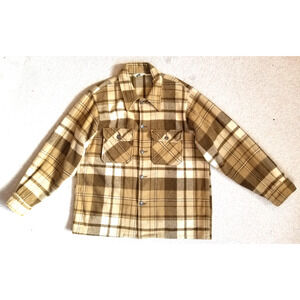 VINTAGE 70's Mens Shirt-WOOLRICH-brown/tan plaid heavy wool button-down-46 (L)